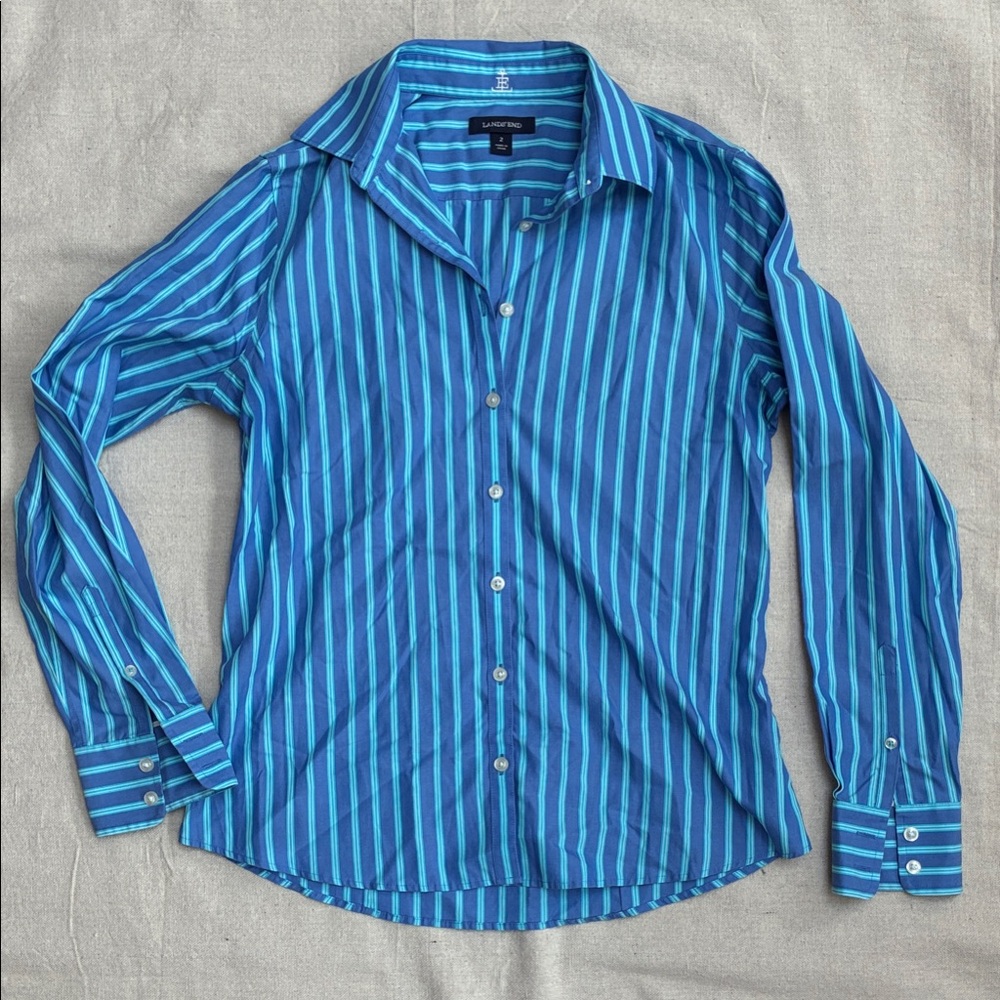Lands' End Blue Striped Button-Down Shirt